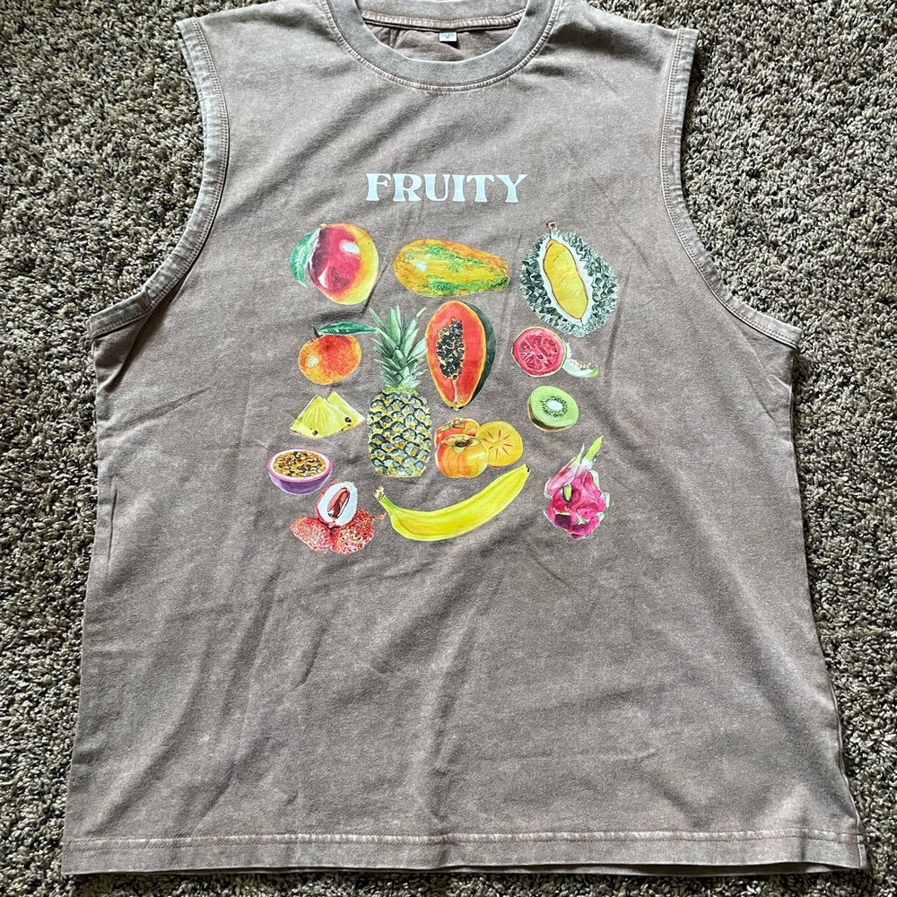 Fruity Pride Y2K Washed Muscle Tank - Brown with Multicolor Fruit Print